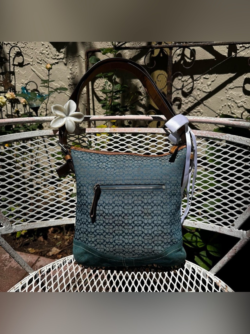Y2K Coach Teal Monogramed Shoulder Bag - Picture 2 of 8
